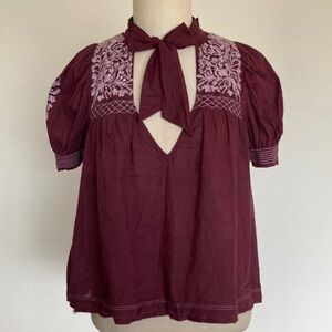 Free People Dreaming About You embroidered puff sleeve bohemian peasant top XS